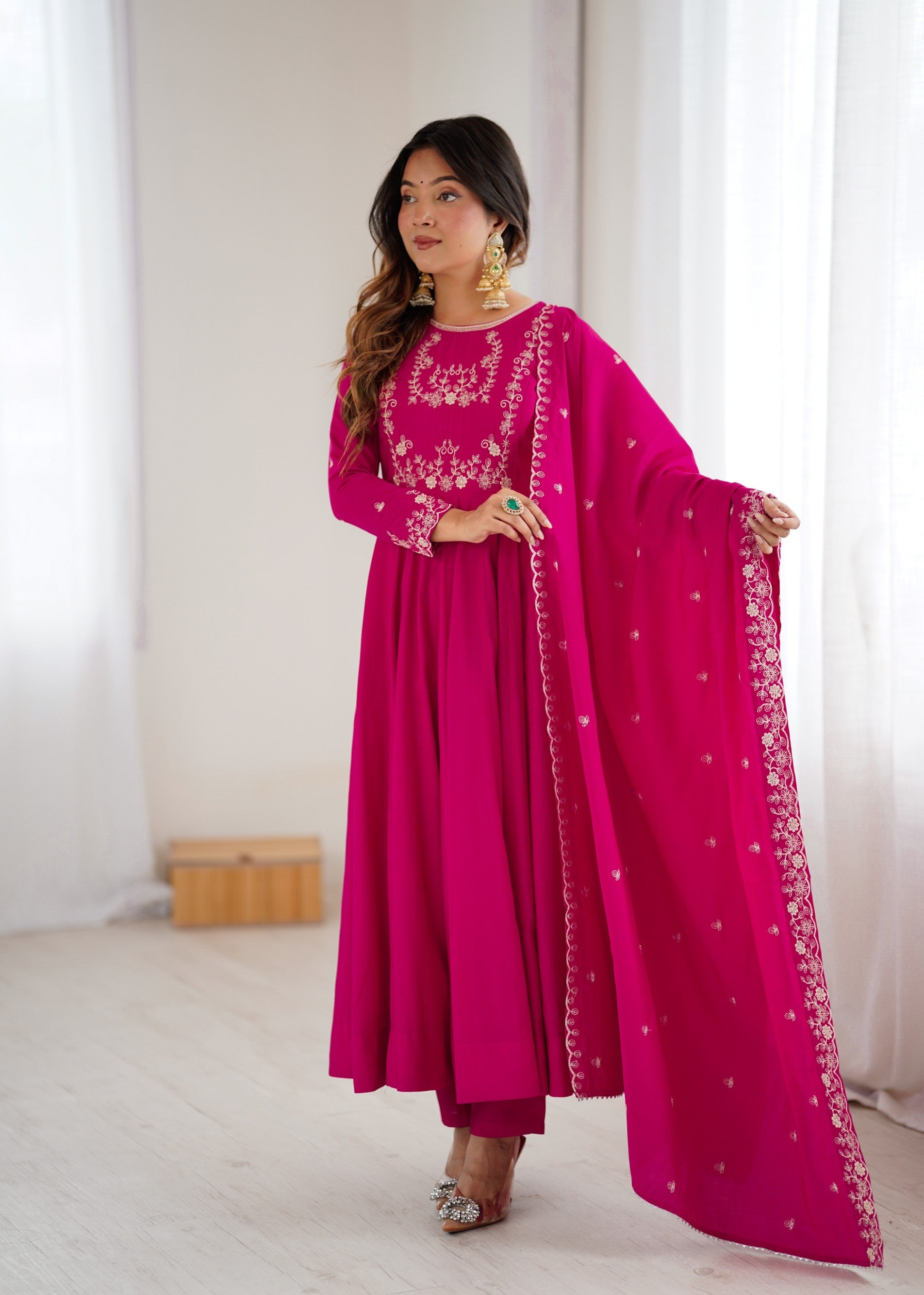Darkpink Chanderi Silk Anarkali Gown with Handwork Beads