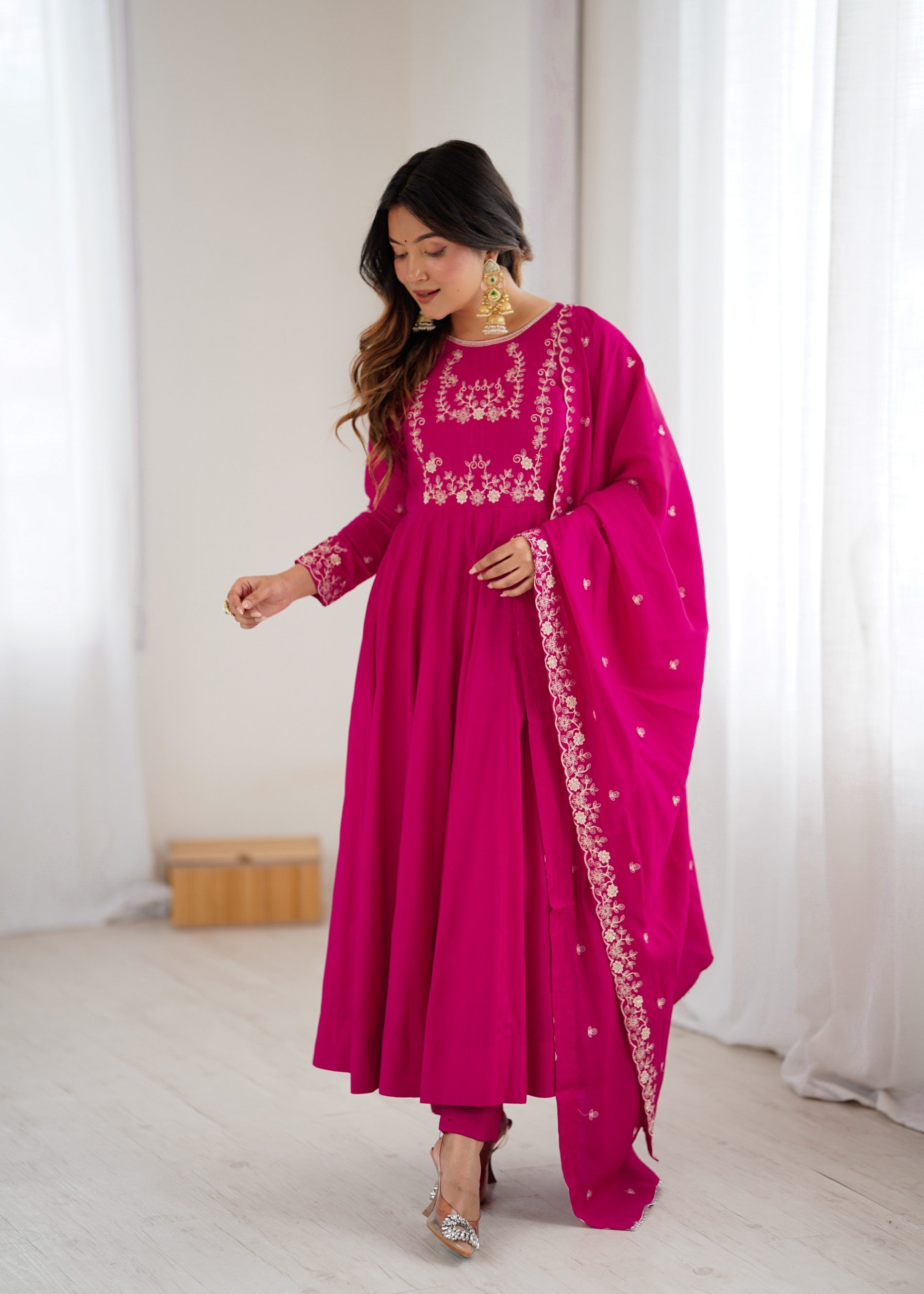 Darkpink Chanderi Silk Anarkali Gown with Handwork Beads