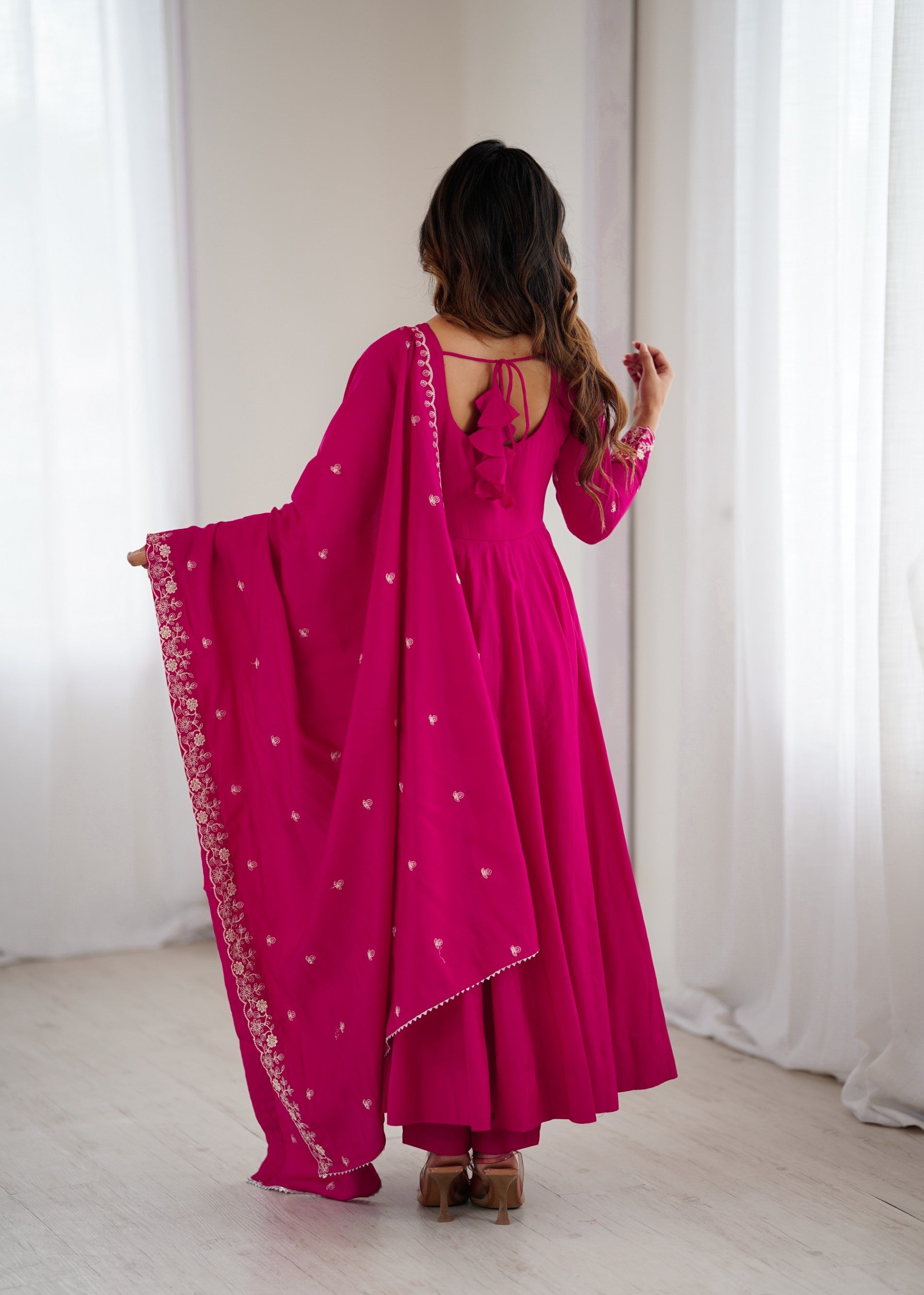 Darkpink Chanderi Silk Anarkali Gown with Handwork Beads