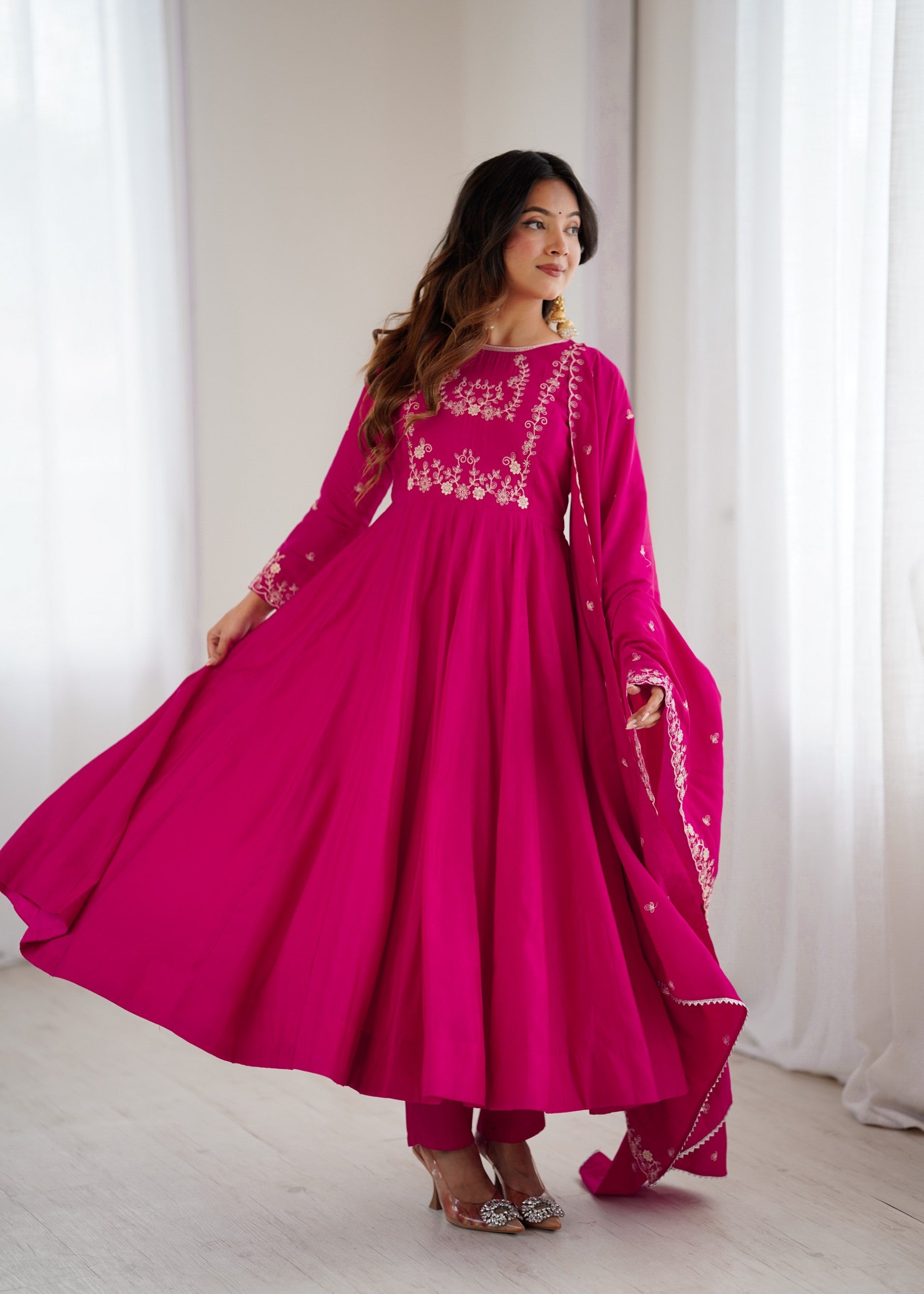 Darkpink Chanderi Silk Anarkali Gown with Handwork Beads