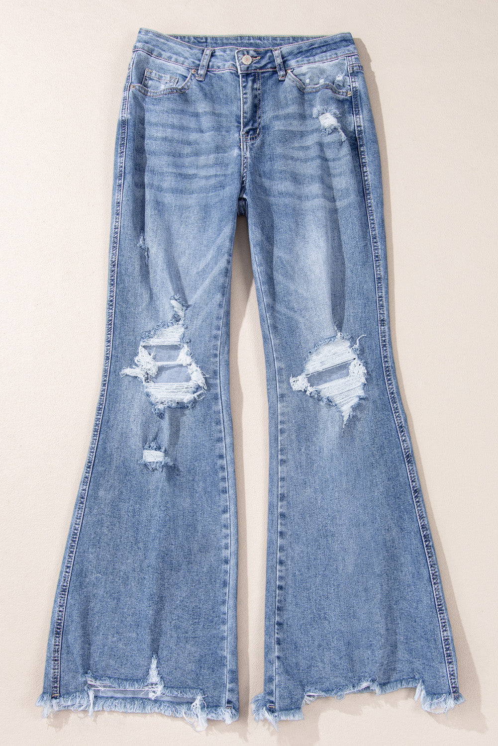 Dusk Blue High Rise Flared Jeans with Ripped Distressed Hem