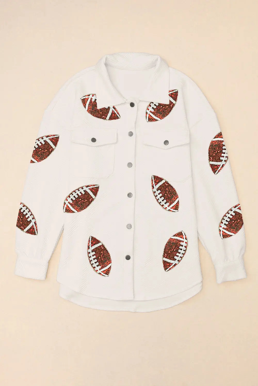 White Sequin Football Patch Collared Snap Button Jacket - Image 3