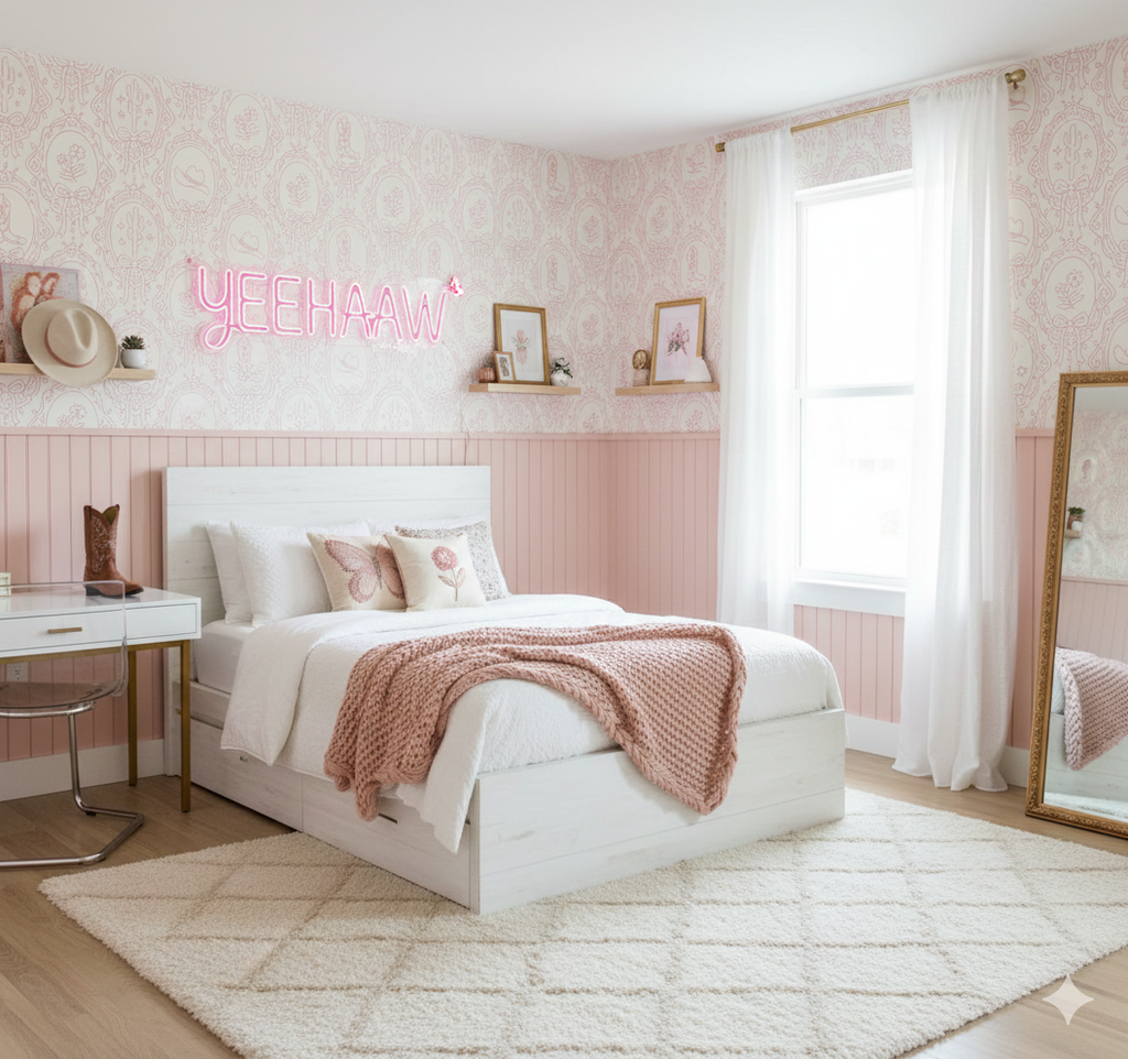 Laramie Wallpaper in Pink, Blue and Sage-Green Western-Whimsy