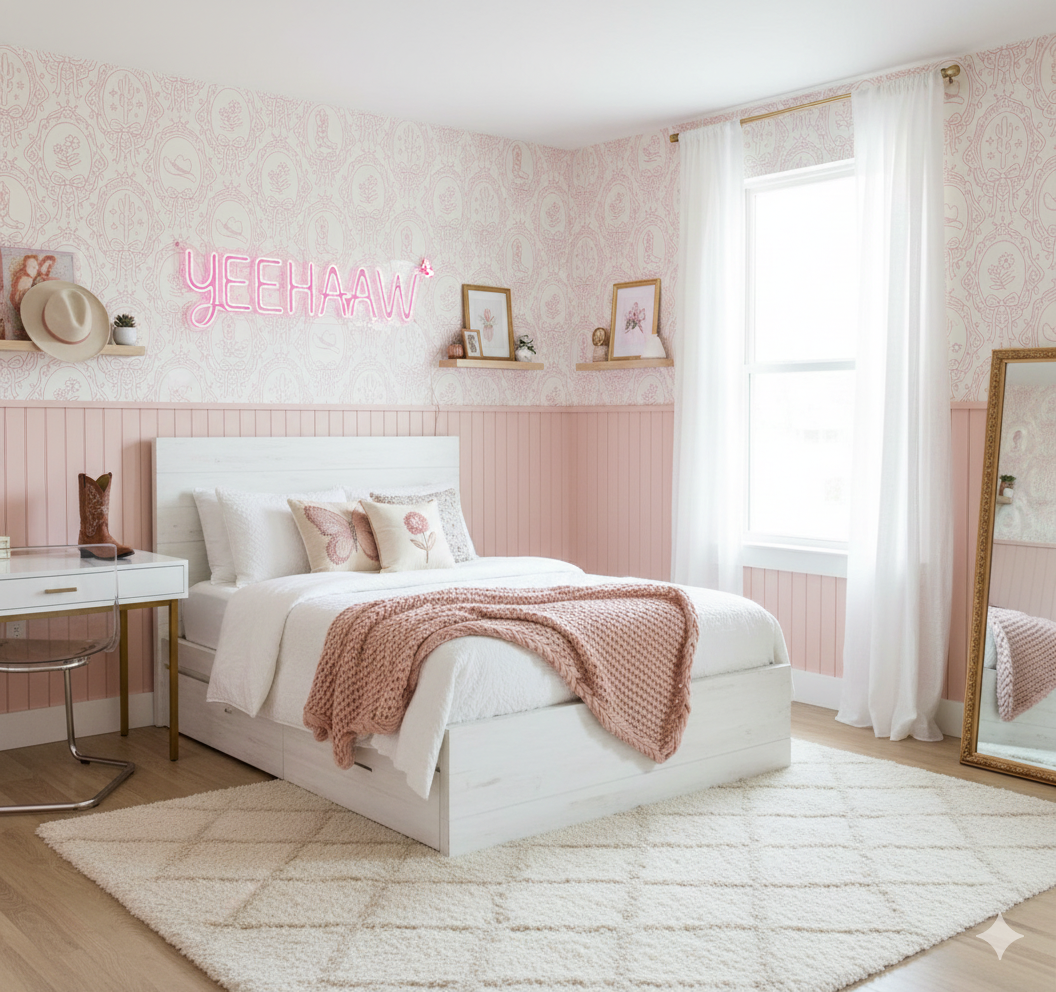 Laramie Wallpaper in Pink, Blue and Sage-Green Western-Whimsy