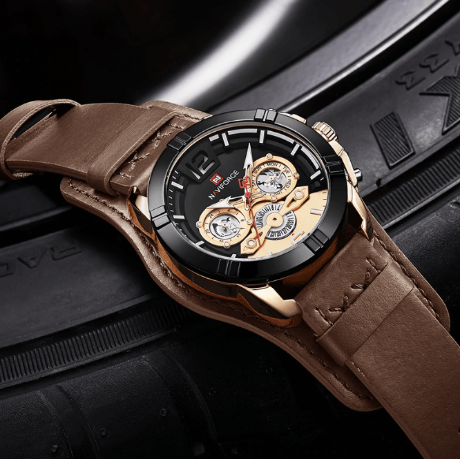 Men's Waterproof Chronograph Watch with Leather Strap & Dial Window