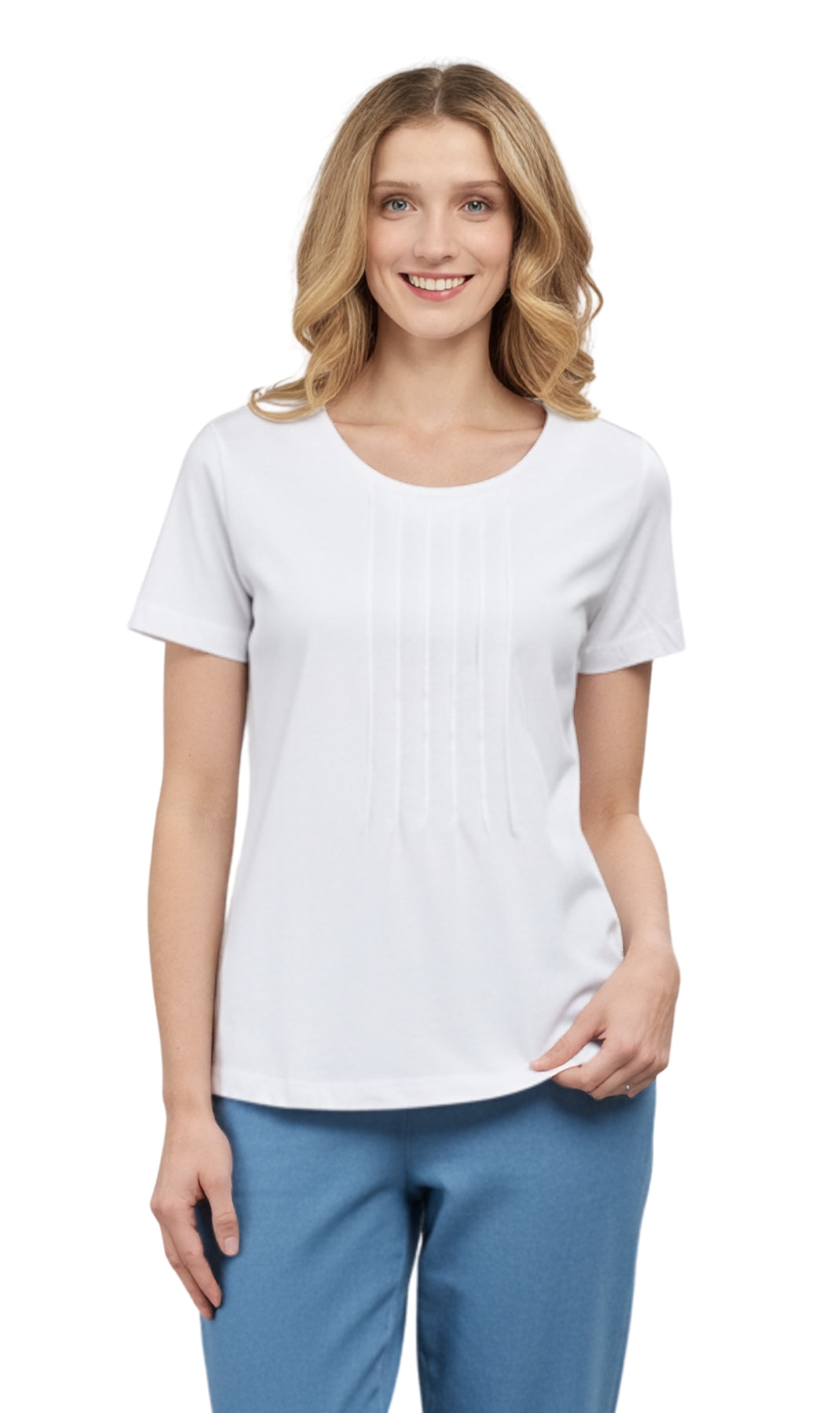 Women's Short Sleeve Pintuck Scoop Neck 100% Cotton Knit T-Shirt