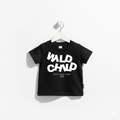 Minimalist Wild Child kids graphic tee in solid black or white cotton.