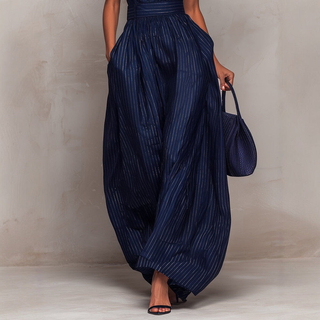Navy Blue Sleeveless Striped Wide-Leg Jumpsuit with Pockets - Image 3
