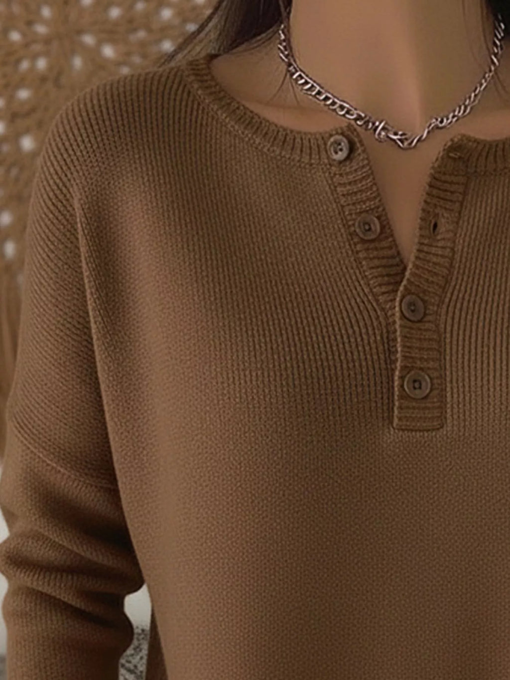 Full Size Half Button Long Sleeve Knit Top Plus Size