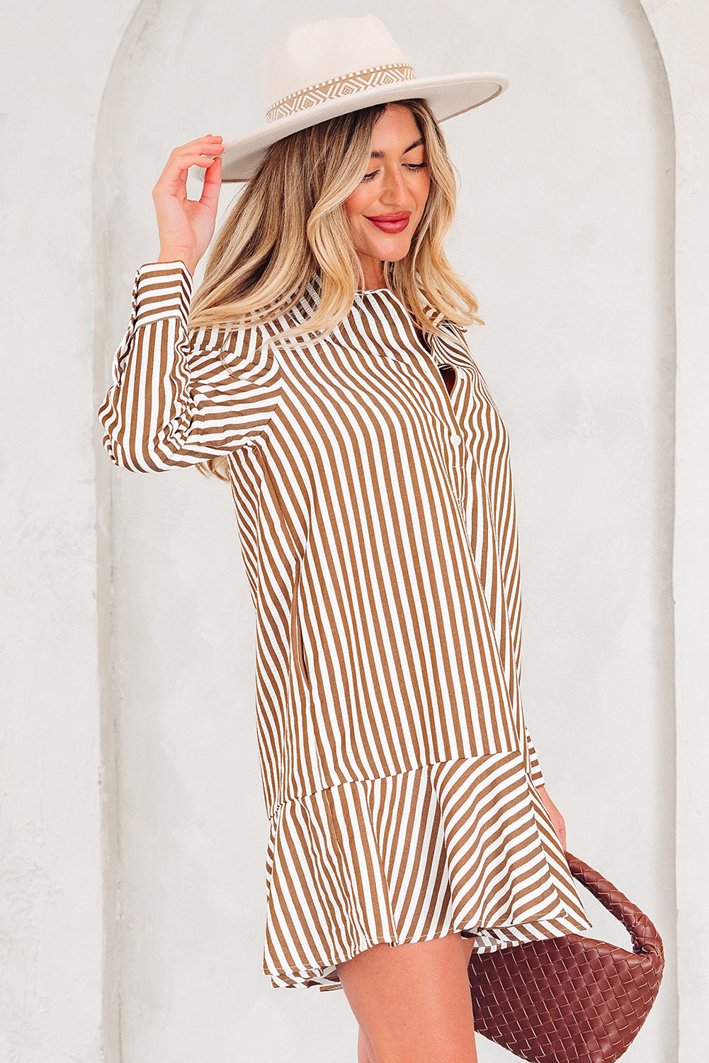 Yamileth Long Sleeve Striped Shirt Mini Dress with Ruffled Hem