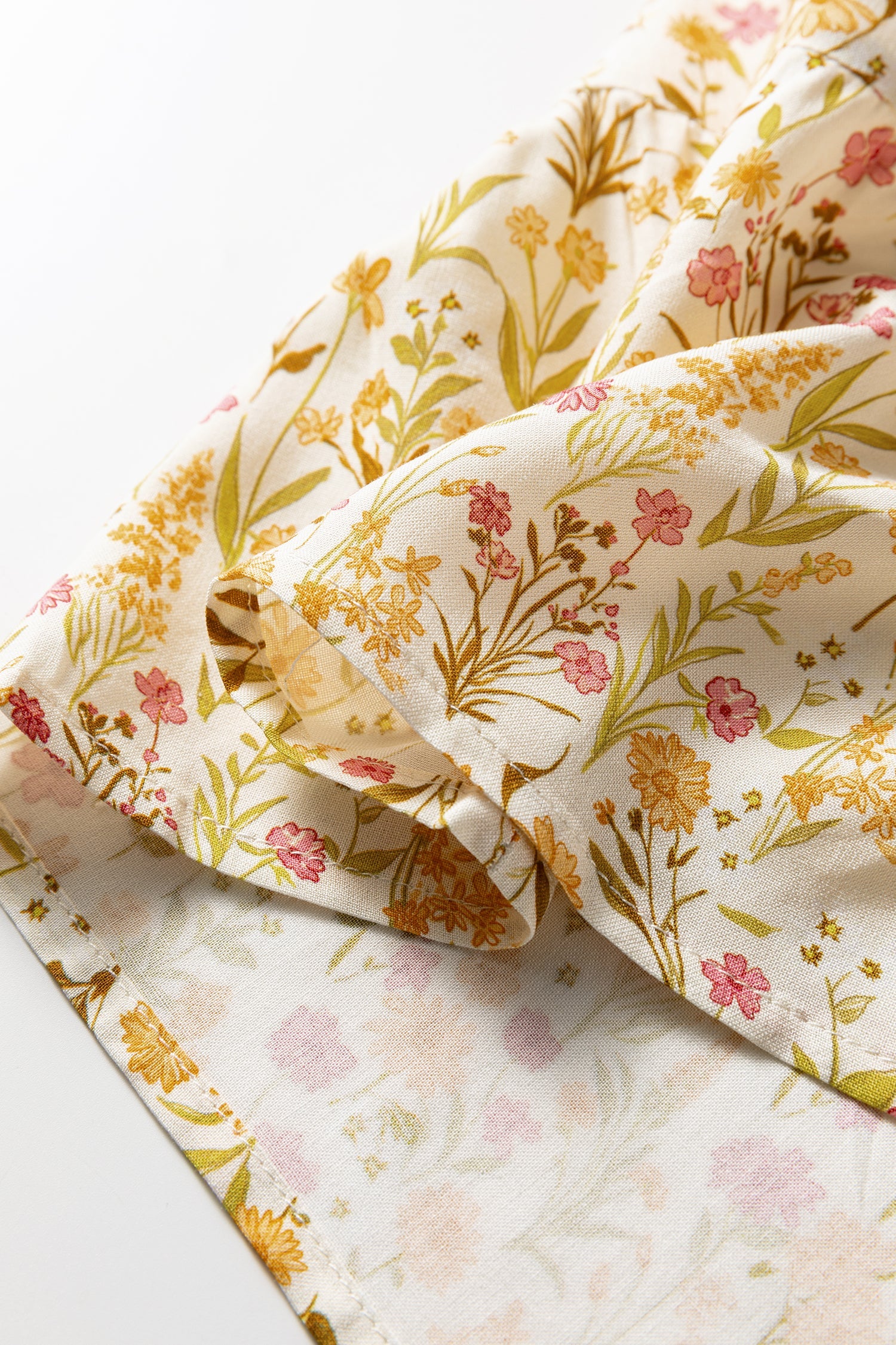 Yellow Floral Print Frilly Trim Smocked Cuff Long Sleeve Shirt Dress