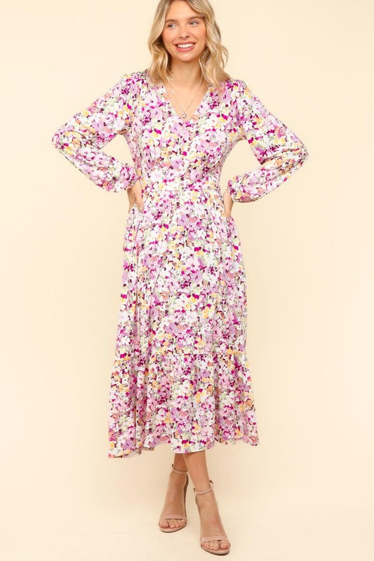 Lilac Floral V-Neck Long Sleeve Dress with Side Pockets