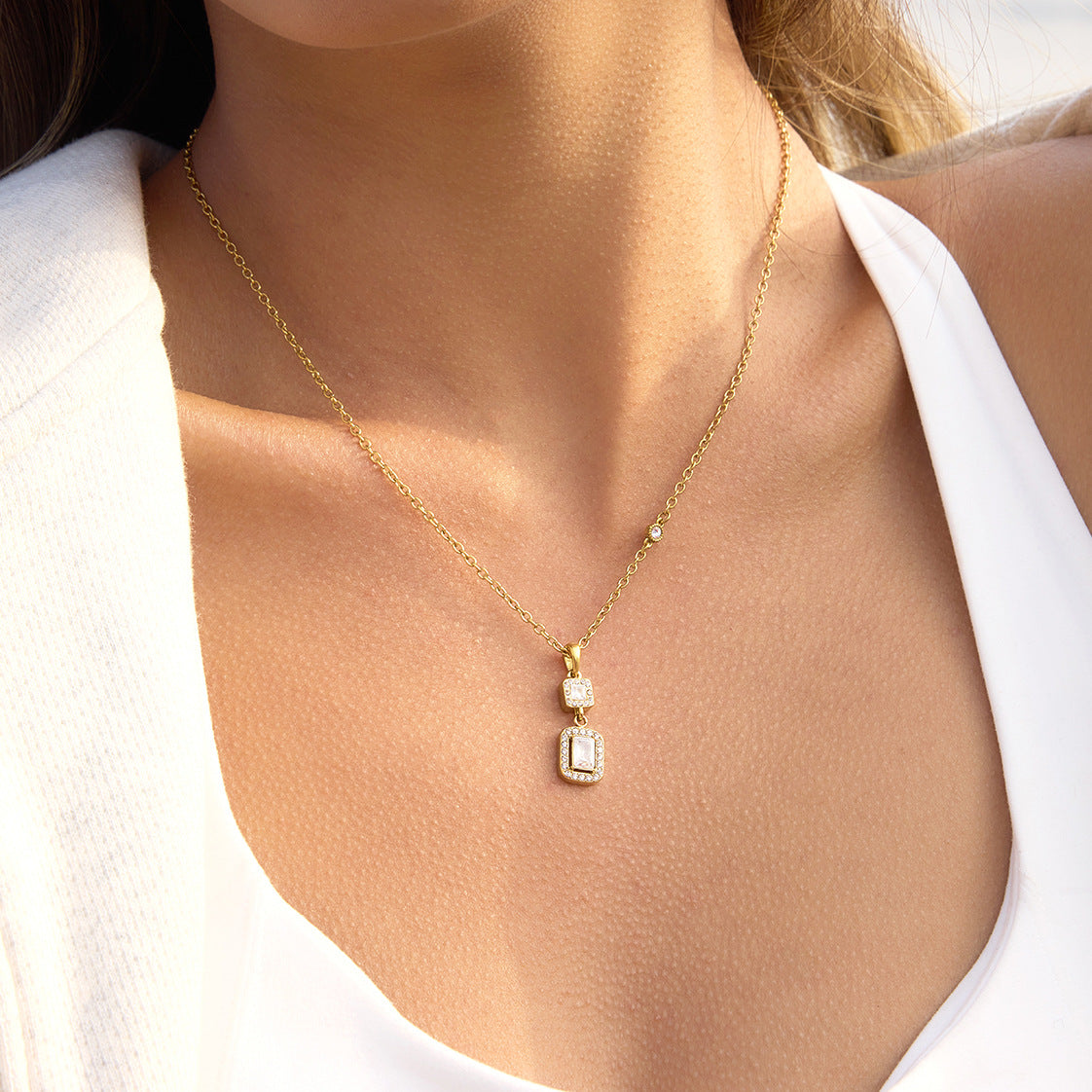 Minimalist Square Zircon Pendant Necklace in Gold Stainless Steel