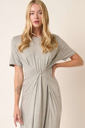 Grey round neck short sleeve maxi dress with side slits and knit texture