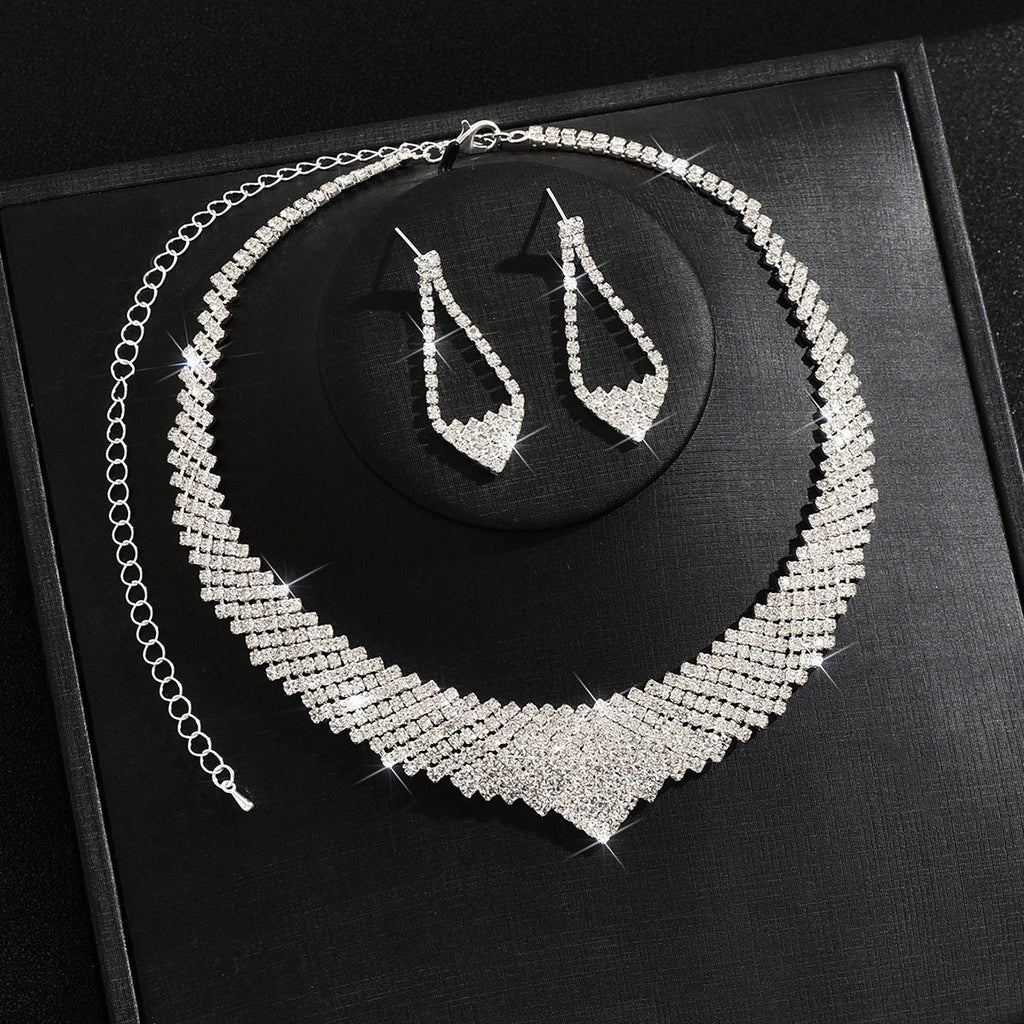 Womens Glamorous Bridal 2 Pcs Rhinestone Set,Gold Tone V Shape Necklace And Hollow Diamond Shape Dangle Earrings For Wedding Party Wear
