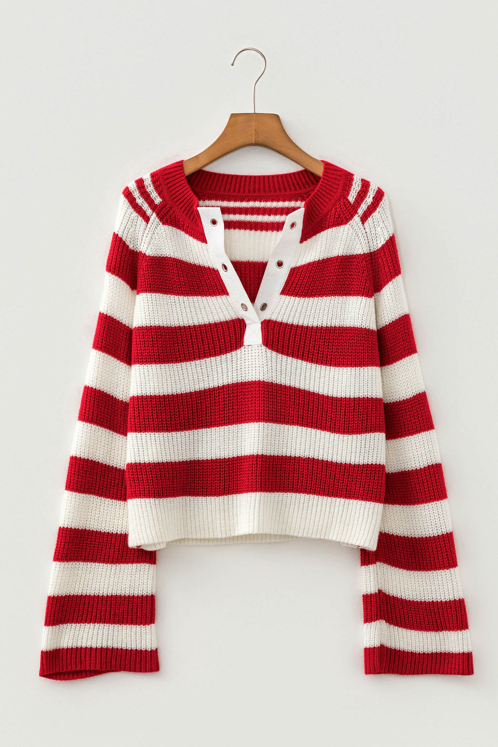 Stripe Colorblock Grommet V-Neck Bell Sleeve Sweater