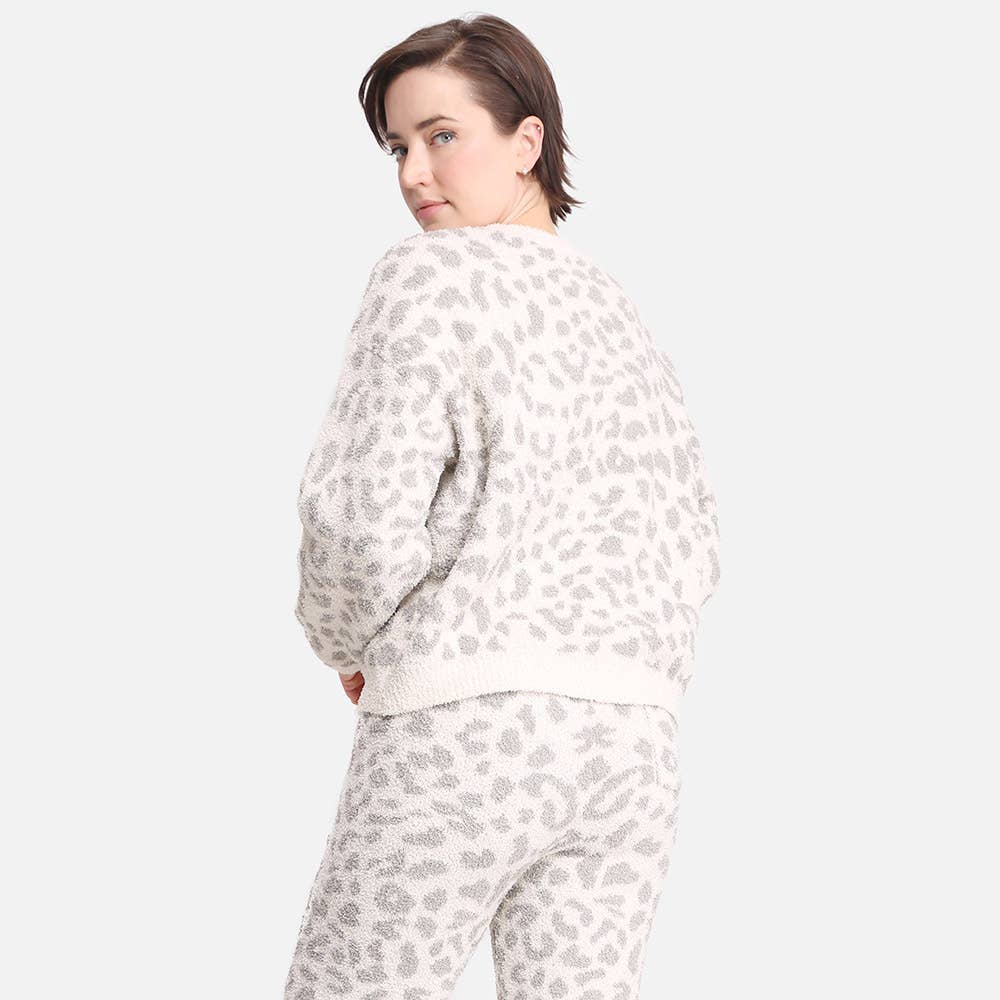 Leopard Patterned Soft Loungewear Sweater Top: Beige / L/XL