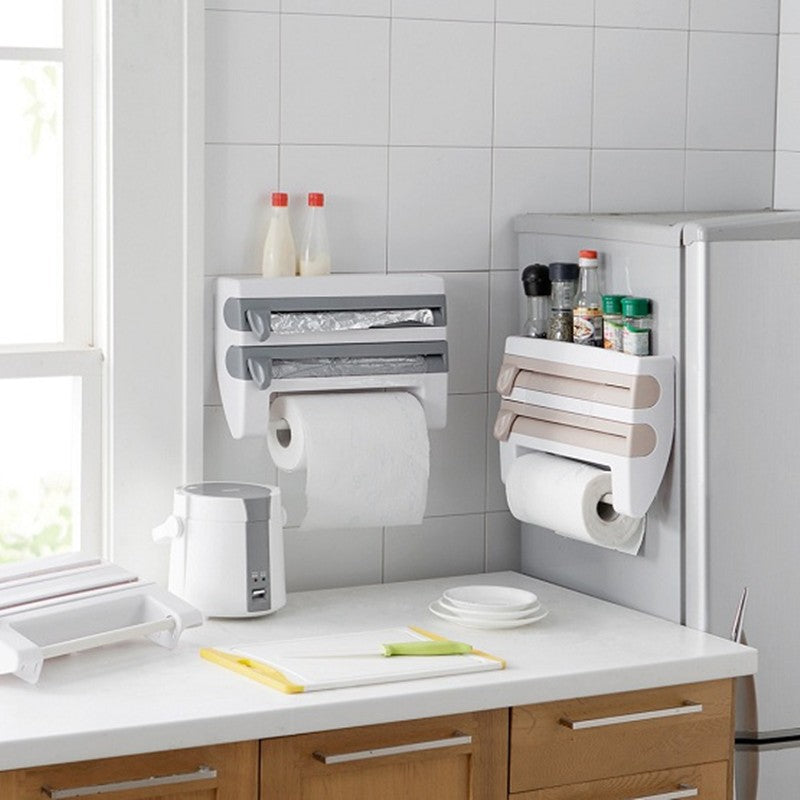 4-in-1 wall mounted kitchen dispenser for foil, cling film, and paper towels
