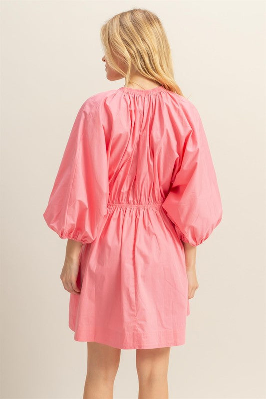Plunge Balloon Sleeve Cotton Poplin Mini Dress in Pink