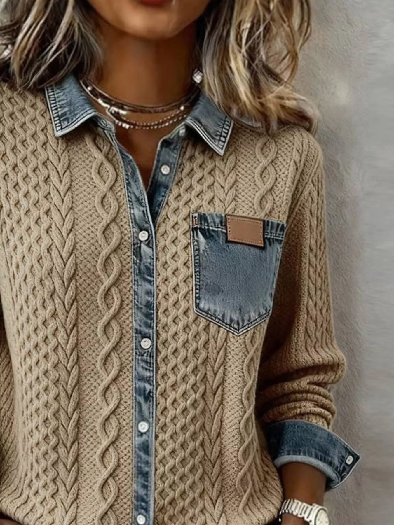 Denim Trim Cable Knit Cardigan | Buttoned Pocketed