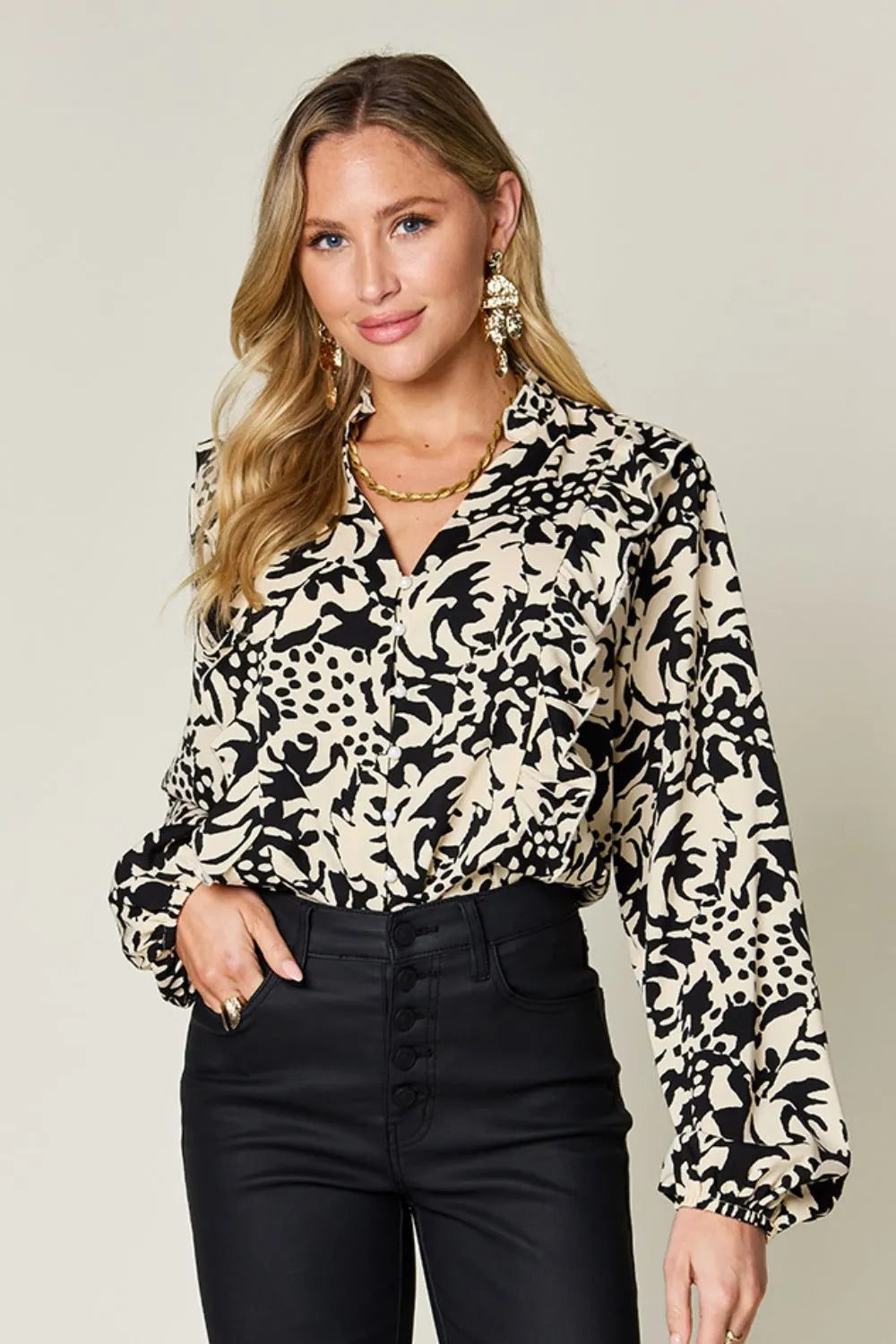 Printed Ruffle Trim Balloon Sleeve Shirt | Buttoned Blouse