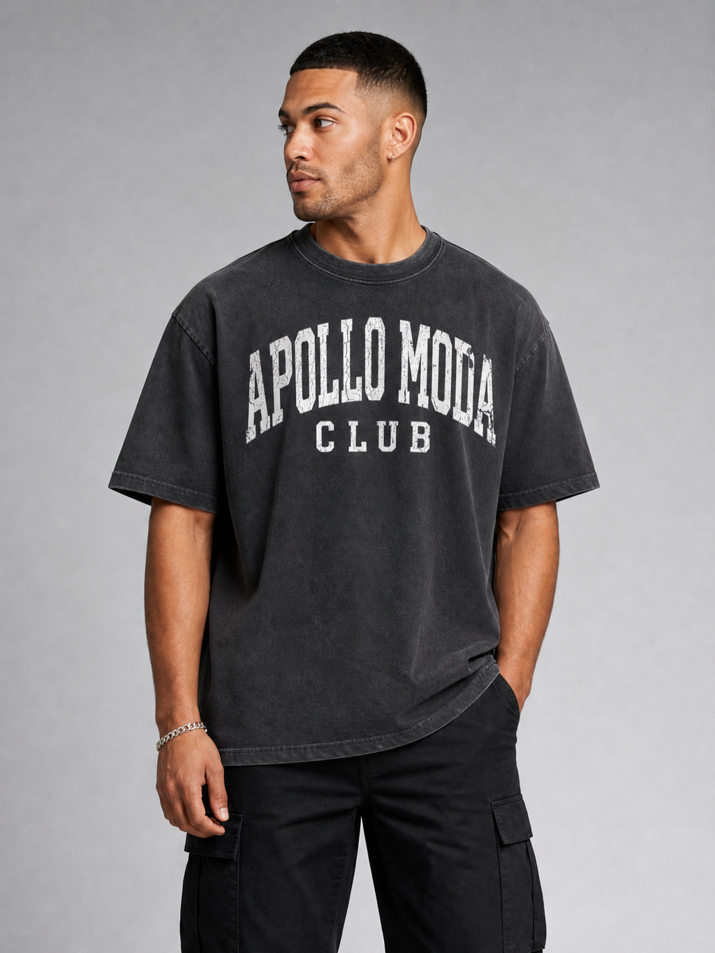 Men wearing a charcoal and off-white gradient washed oversized collegiate tee