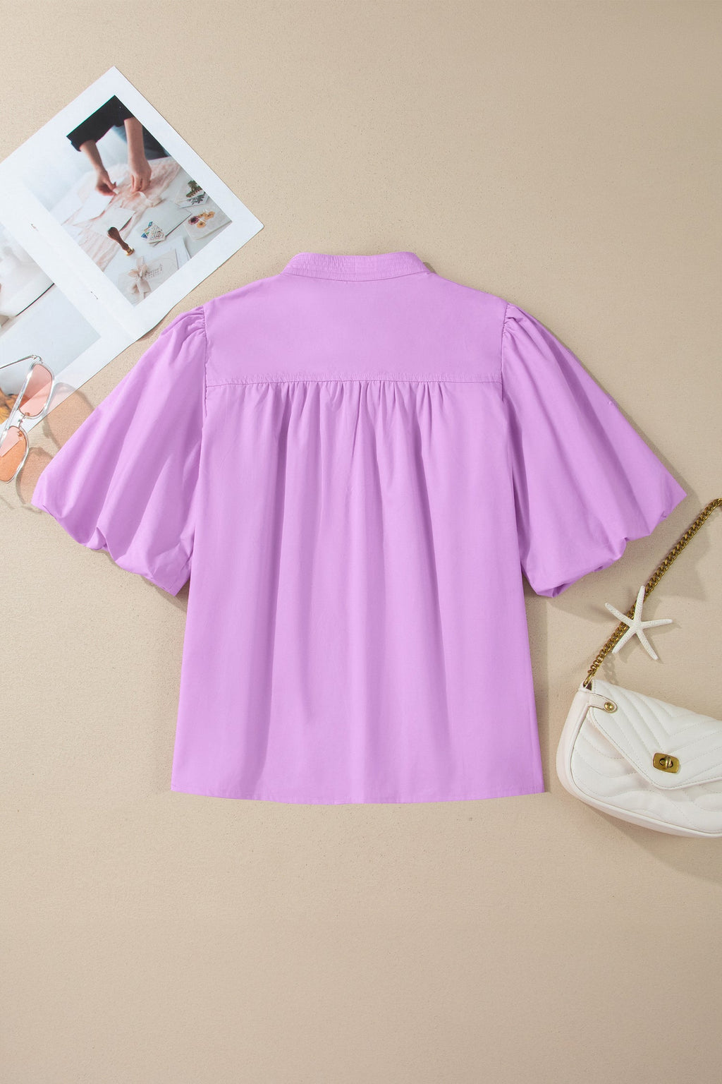 Solid Cotton V-Neck Blouse with Short Puff Sleeves