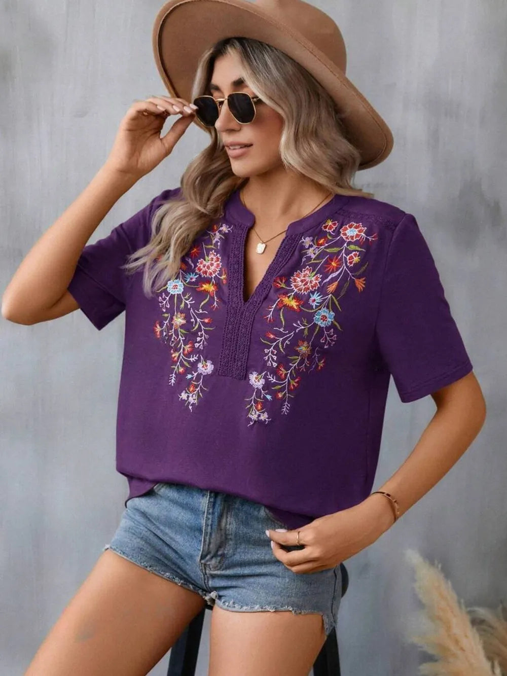 Boho Floral Embroidered Notched V-Neck Lace Trim Top