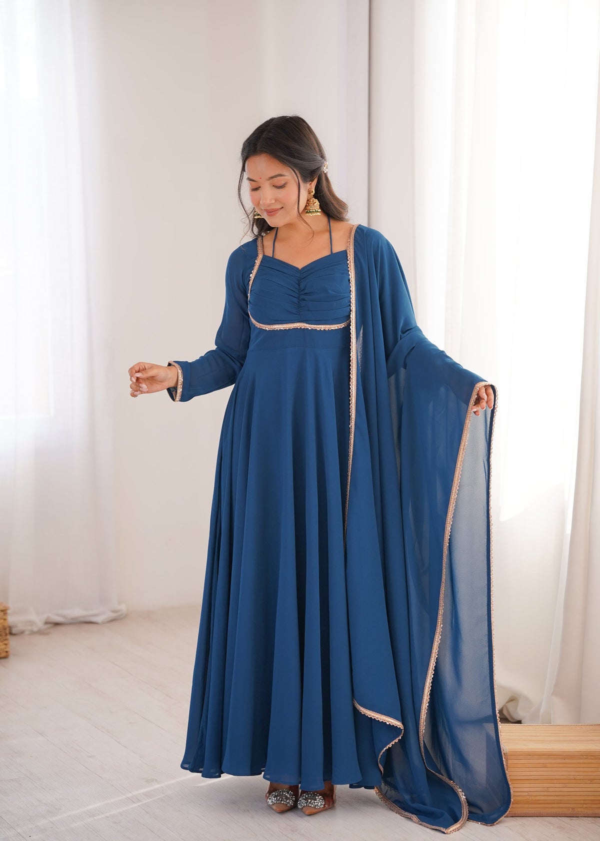 Rama Faux Georgette Anarkali Gown with Dori Neck and Dupatta