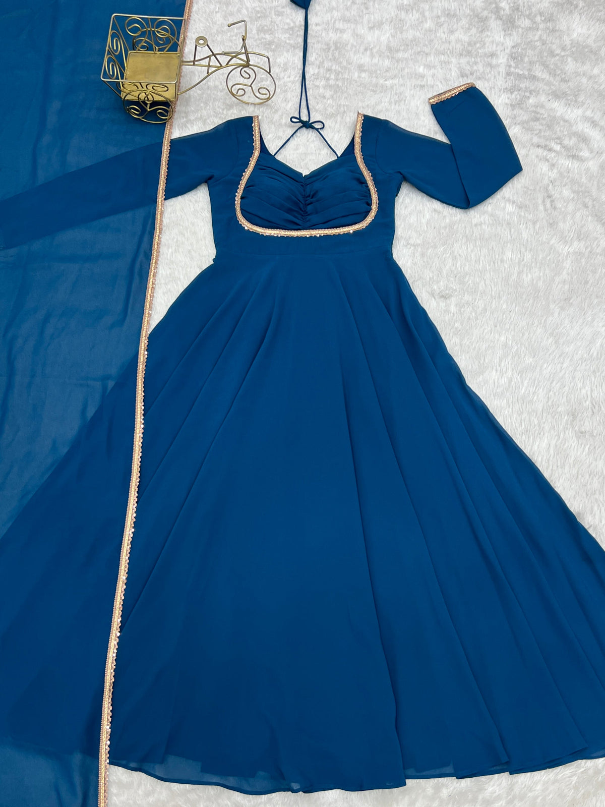 Rama Faux Georgette Anarkali Gown with Dori Neck and Dupatta