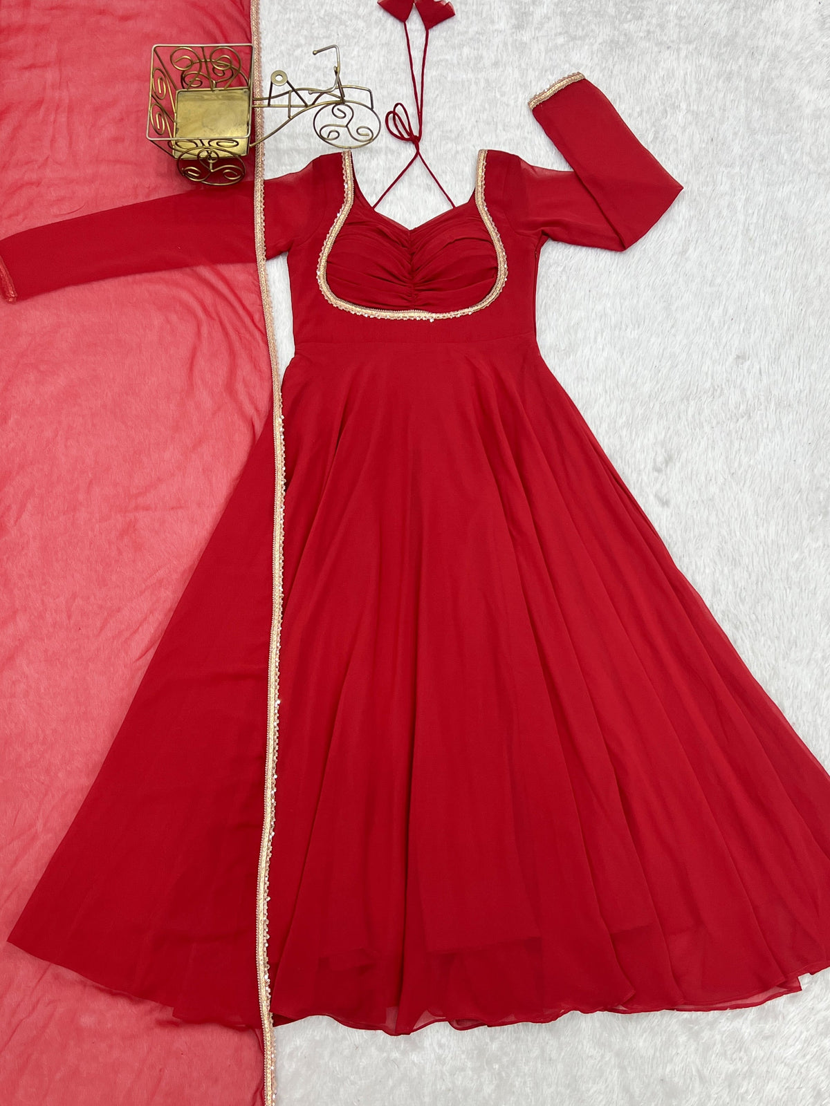 Red Faux Georgette Anarkali Gown with Designer Yoke and Dupatta