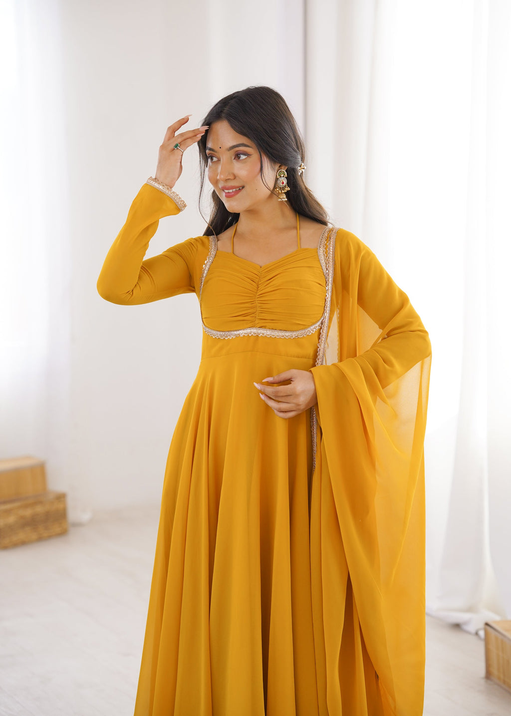 Yellow Faux Georgette Designer Anarkali Gown with Dori Neck