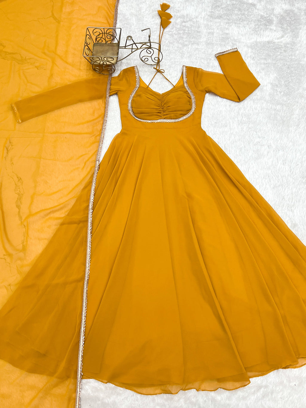 Yellow Faux Georgette Designer Anarkali Gown with Dori Neck