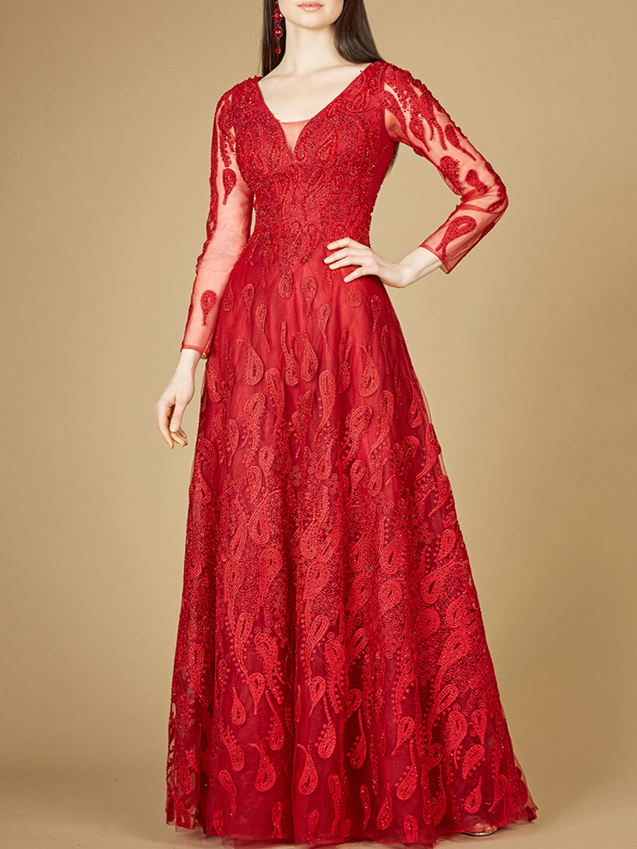 Long Sleeve V-Neck Ballgown