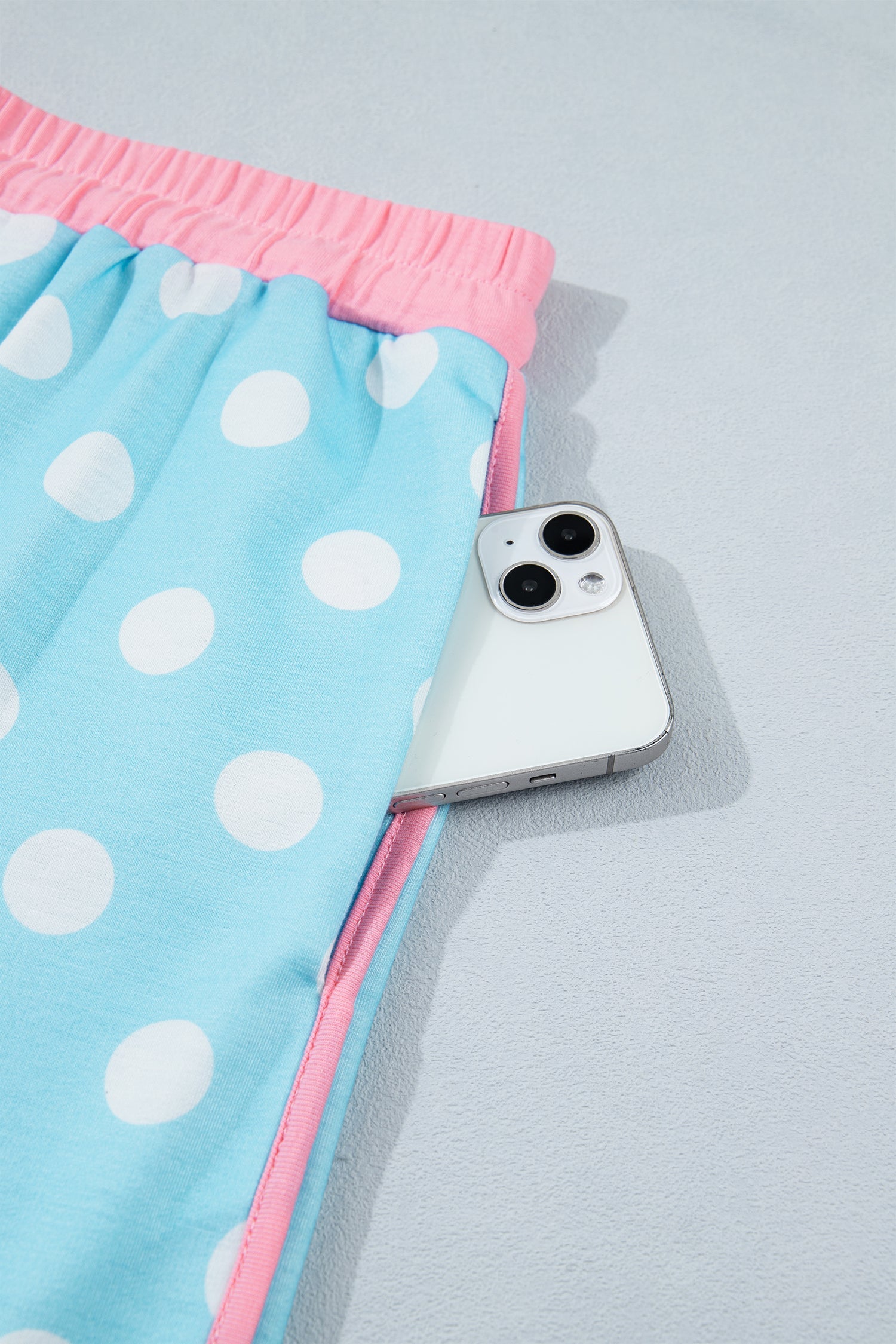 Polka Dot Short Sleeve Lounge Set with Pink Trim in Light Blue