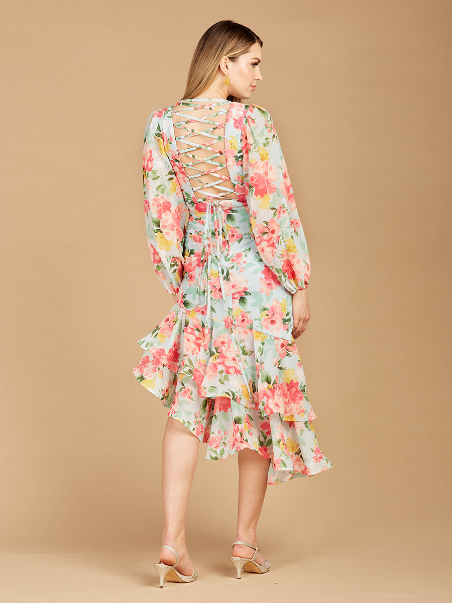 High Neck, Lace Up, Long Sleeve Printed Midi Dress - OUTLET