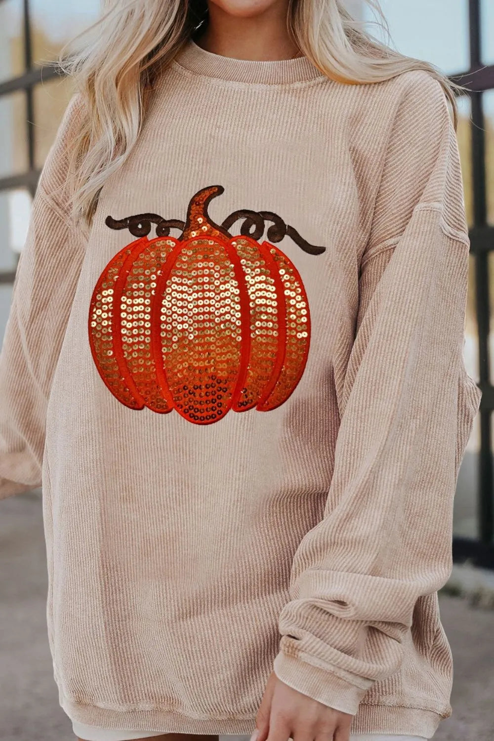 Women's Sequin Pumpkin Round Neck Long Sleeve Ribbed Sweatshirt
