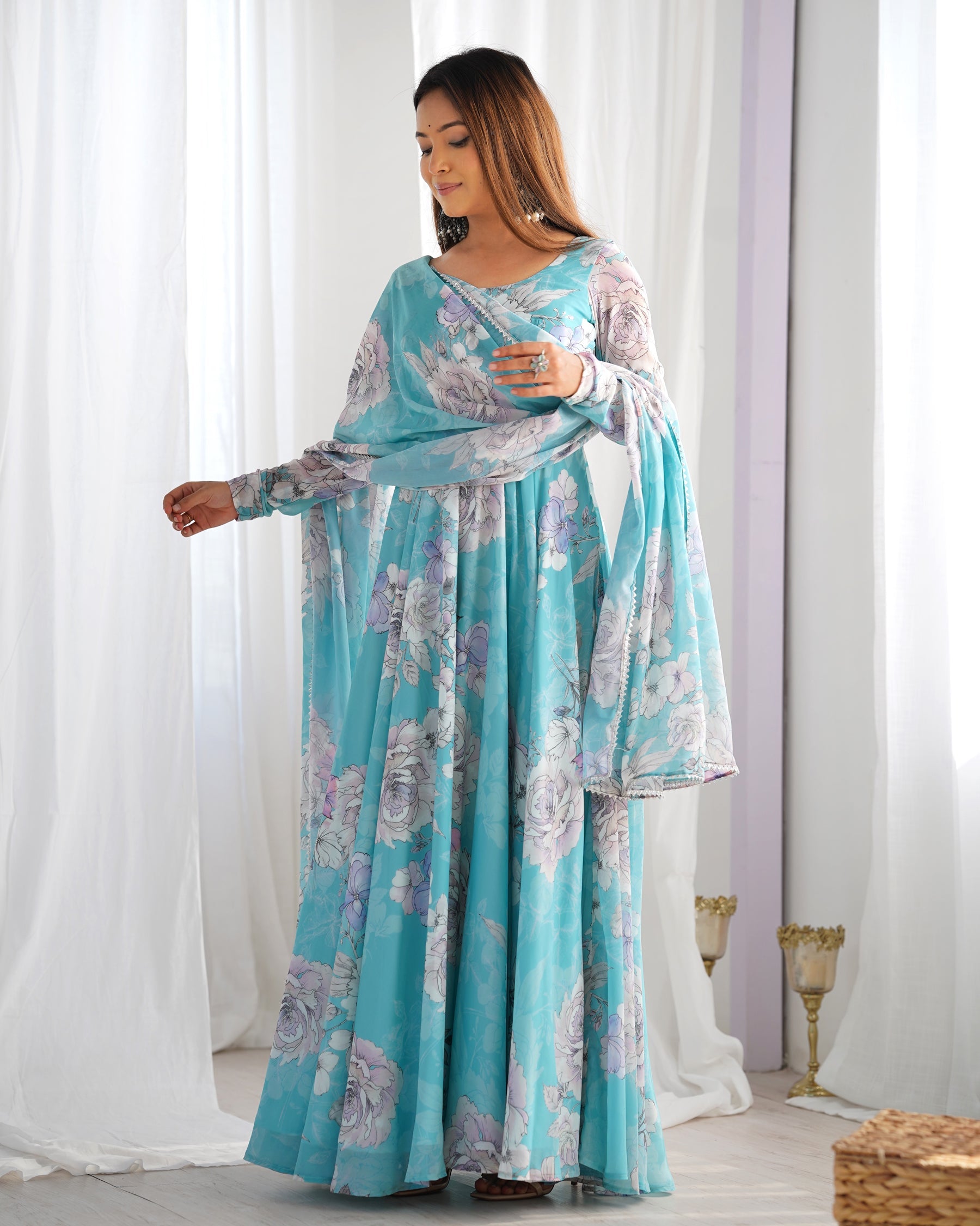 Sky Blue Faux Georgette Floral Print 7 Meter Anarkali Gown Set