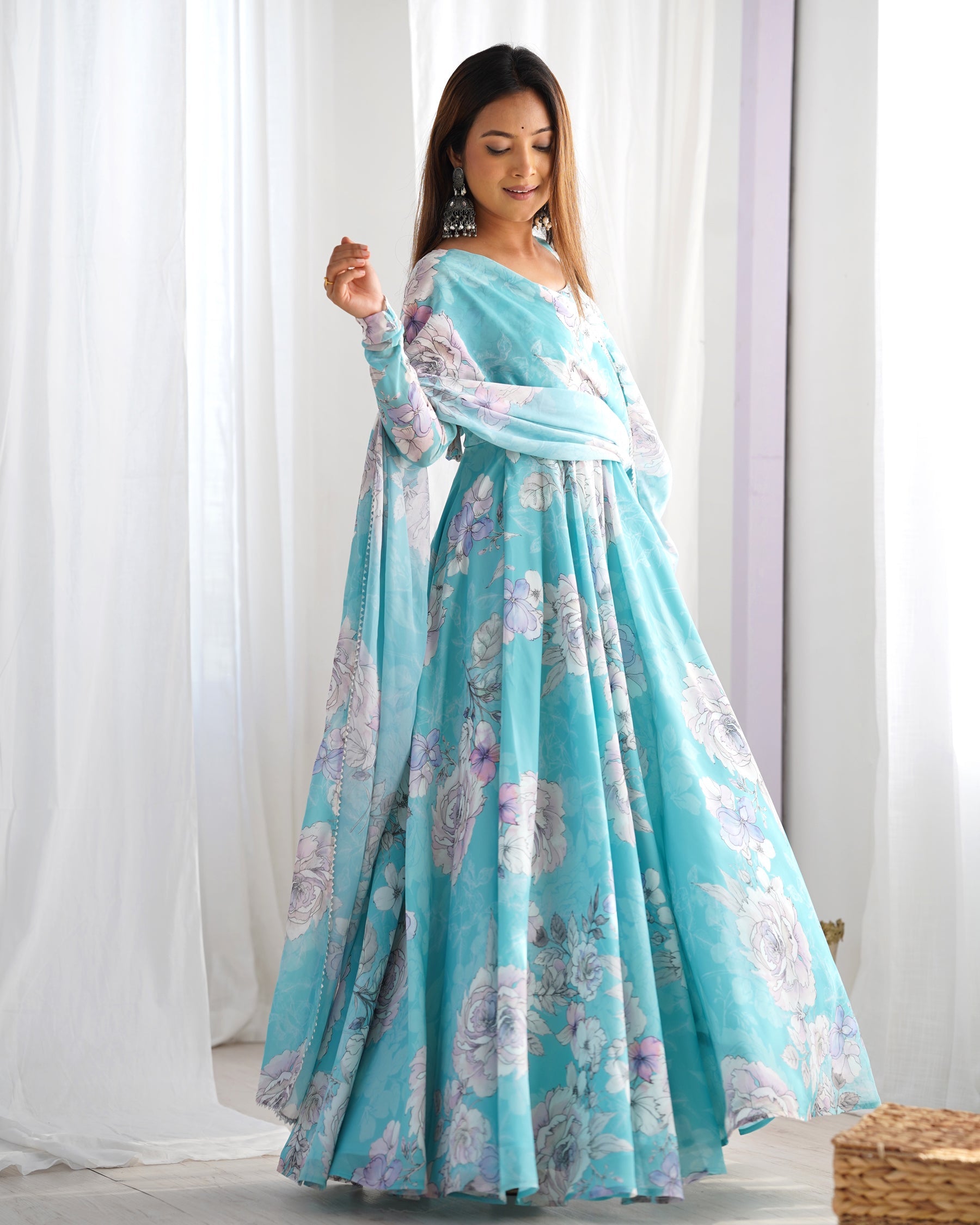 Sky Blue Faux Georgette Floral Print 7 Meter Anarkali Gown Set