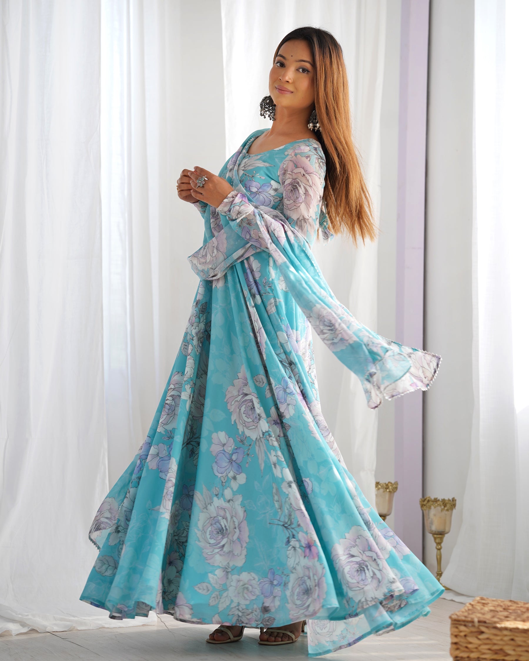 Sky Blue Faux Georgette Floral Print 7 Meter Anarkali Gown Set
