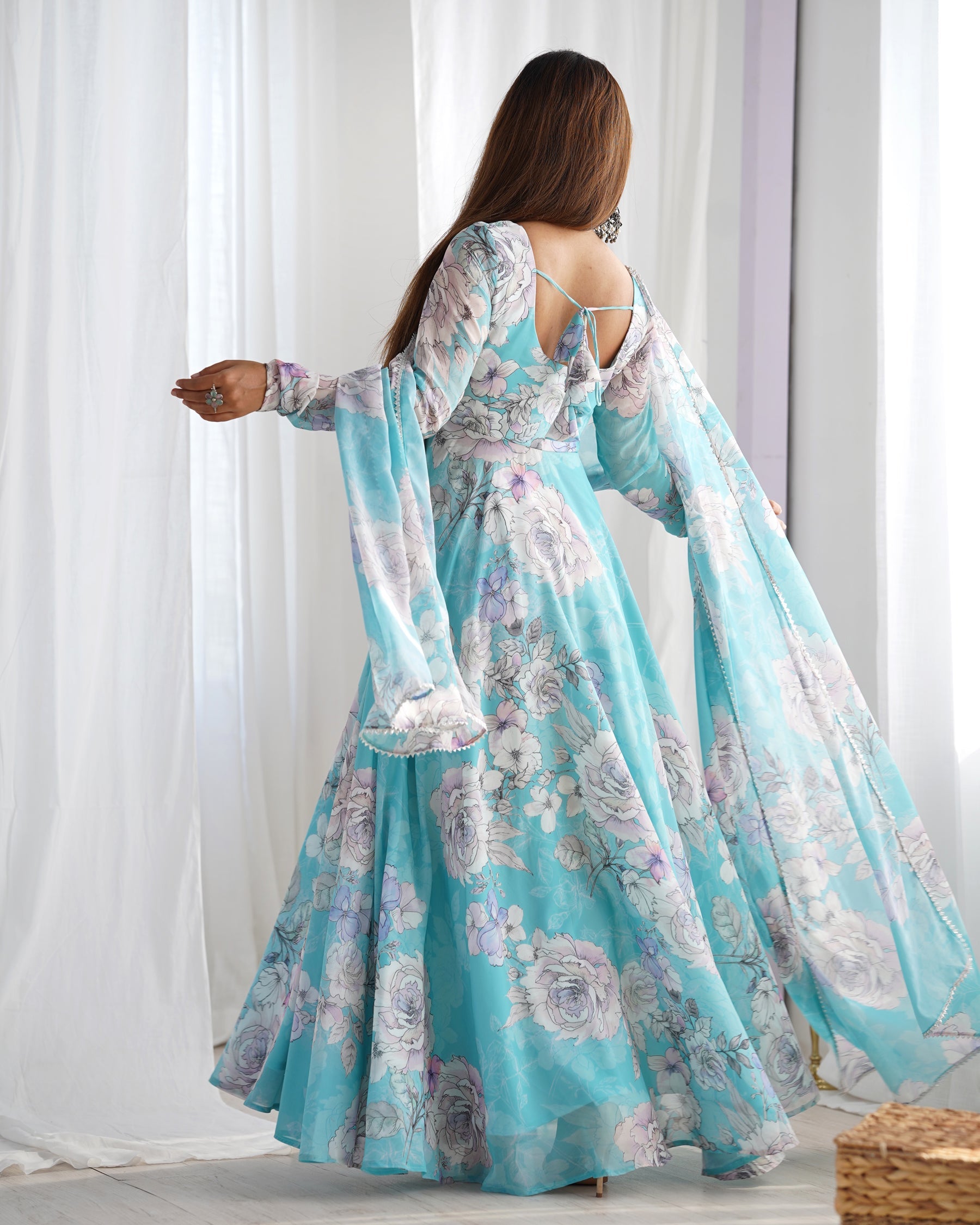 Sky Blue Faux Georgette Floral Print 7 Meter Anarkali Gown Set