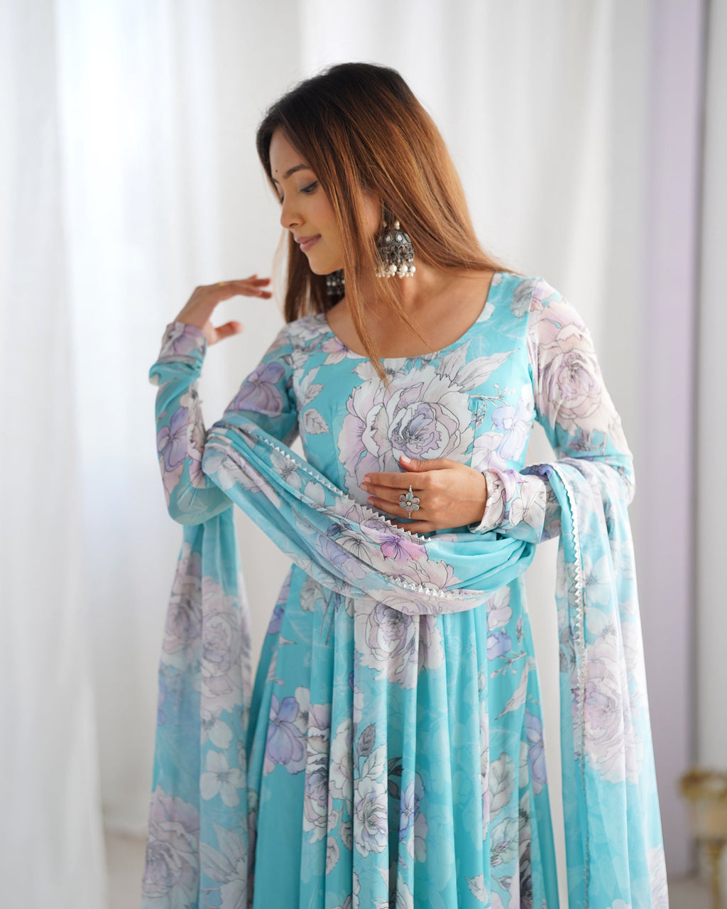 Sky Blue Faux Georgette Floral Print 7 Meter Anarkali Gown Set
