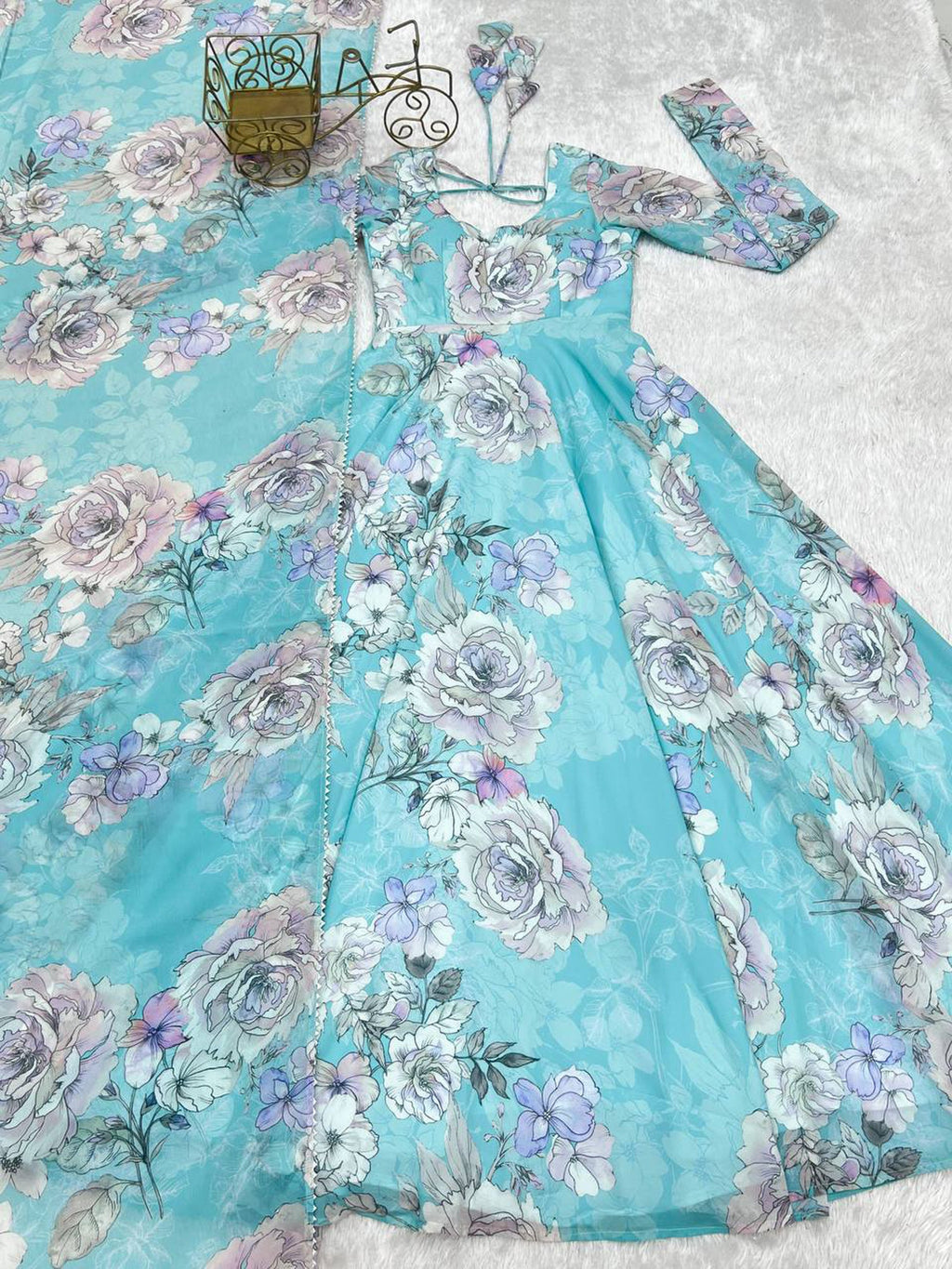 Sky Blue Faux Georgette Floral Print 7 Meter Anarkali Gown Set