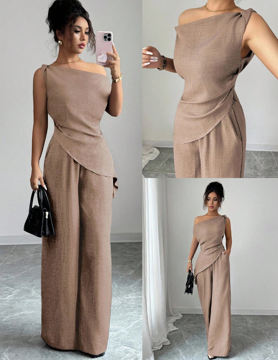 One-Shoulder Asymmetric Top & Wide-Leg Pants 2-Piece Co-ord Set