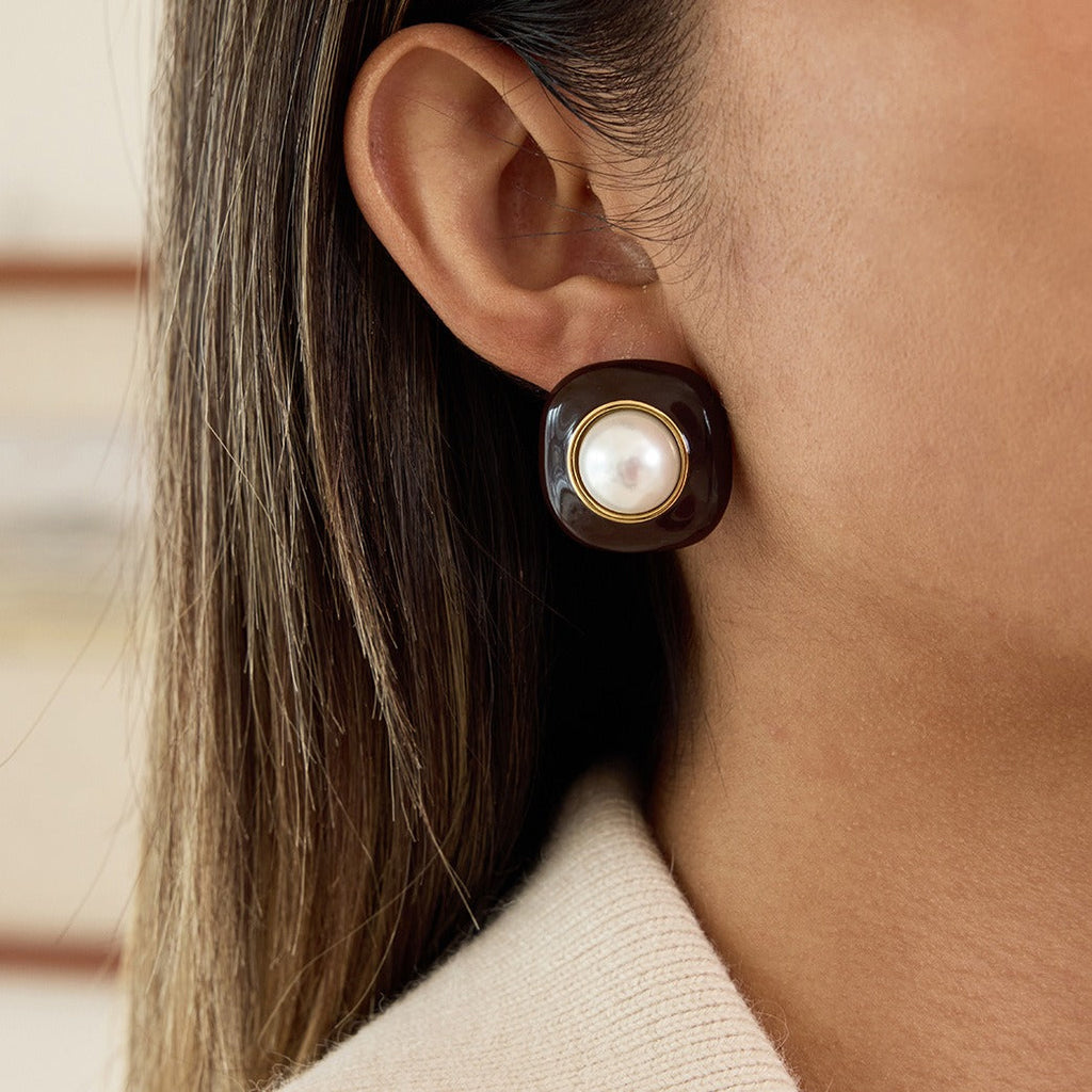 18K Gold-Plated Pearl & Enamel Stud Earrings