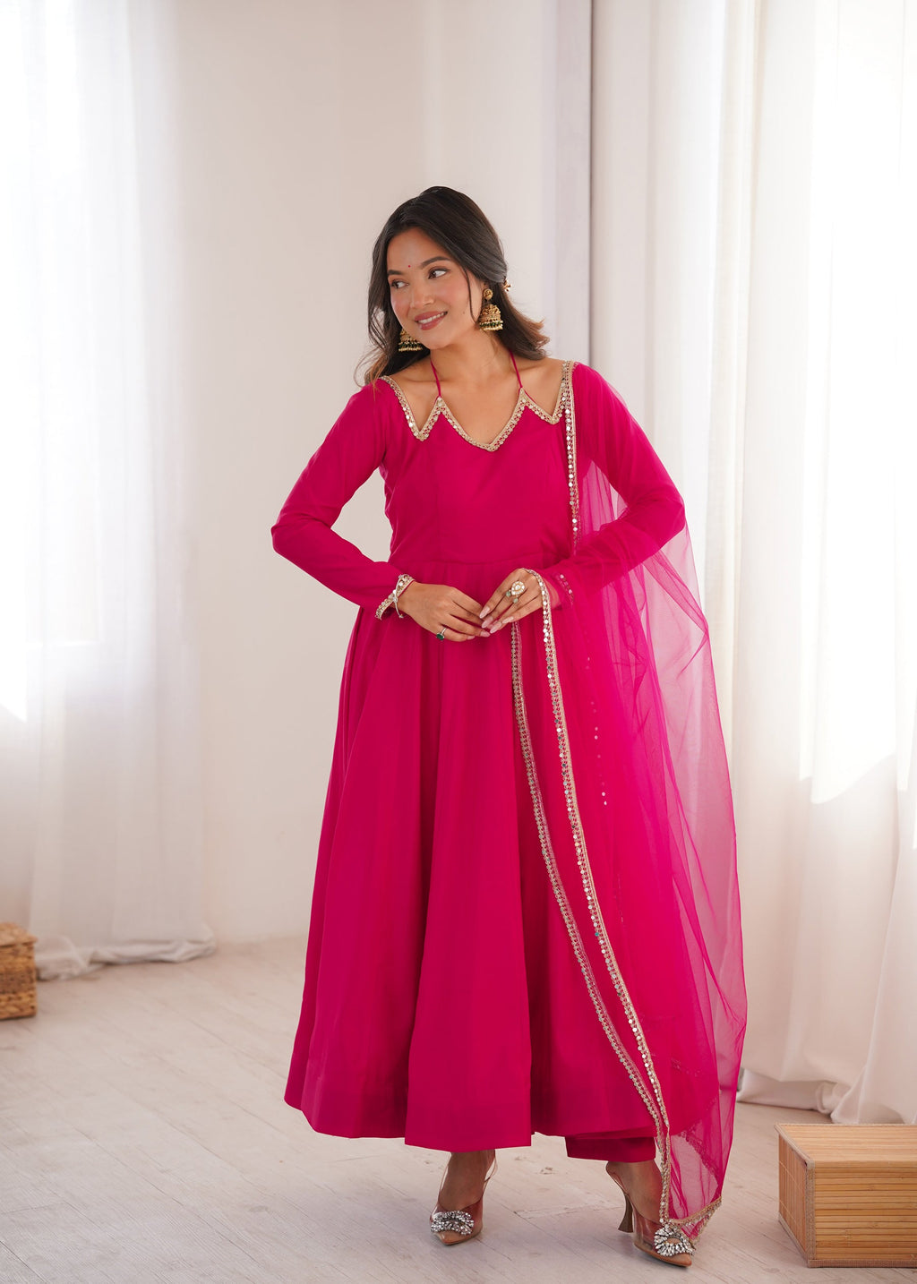 Magenta Roman Silk Chanderi Anarkali Gown with intricate lace yoke and dupatta
