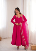 Magenta Roman Silk Chanderi Anarkali Gown with intricate lace yoke and dupatta