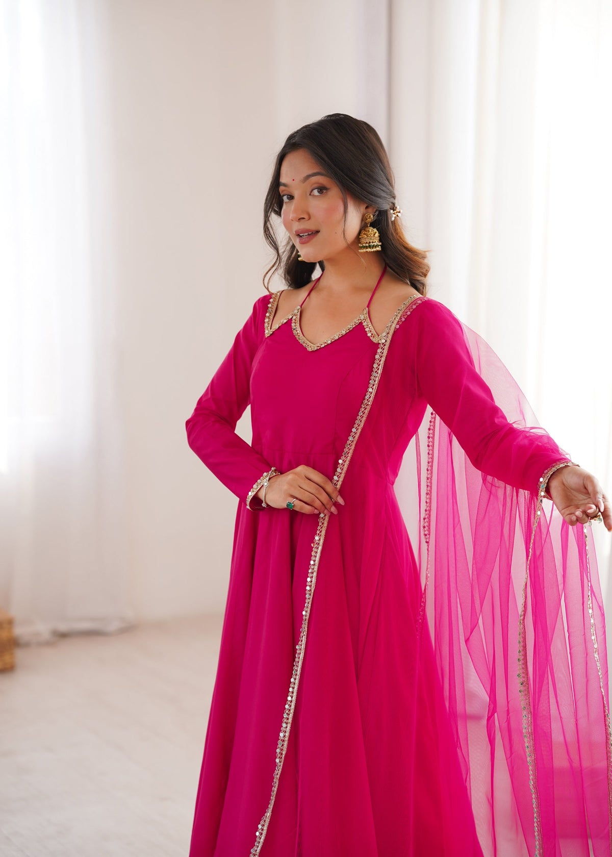 Magenta Roman Silk Chanderi Anarkali Gown with Lace Pattern & Pant