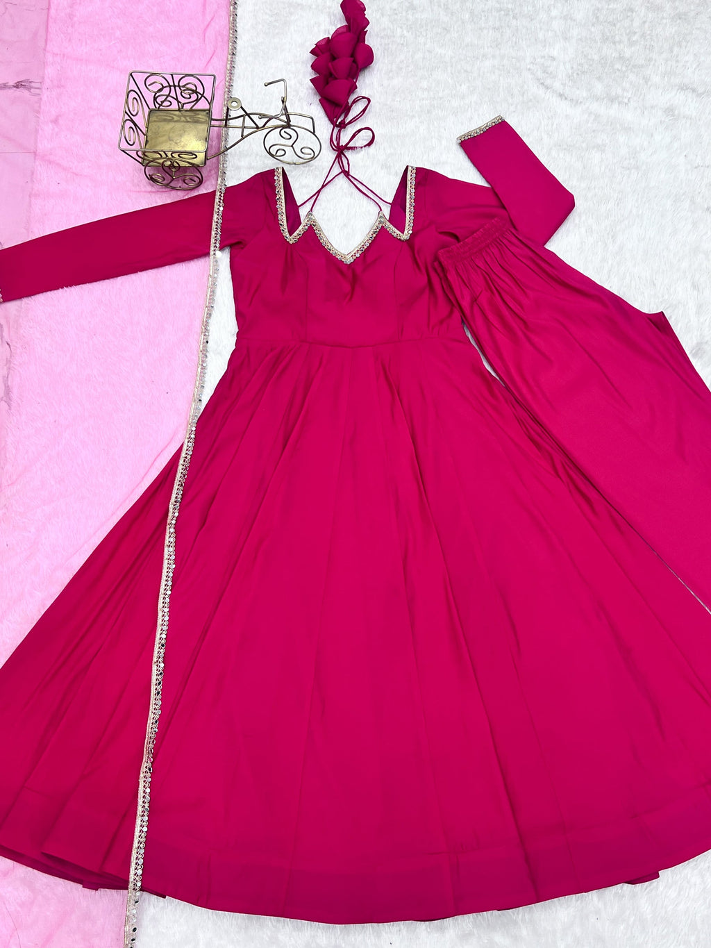 Magenta Roman Silk Chanderi Anarkali Gown with Lace Pattern & Pant