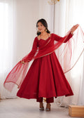 Maroon Roman Silk Chanderi Anarkali Gown with Pant and Dupatta